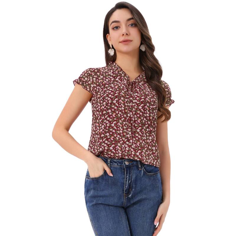 アレグラ ケー レディース トップス シャツ Vネック シフォン フラワー柄 フリル ブラウス フラワー ALLEGRA K Women's Blouse V Neck Ruffle Floral Short Sleeves Chiffon Tops Dark Red レッド 9,110円