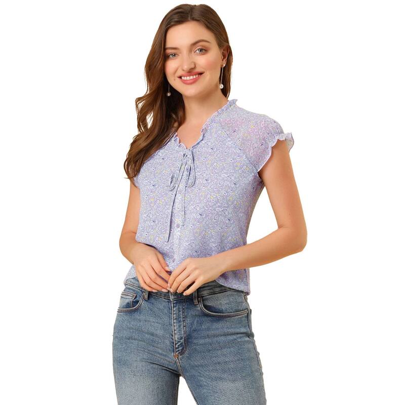 アレグラ ケー レディース トップス シャツ Vネック シフォン フラワー柄 フリル ブラウス フラワー ALLEGRA K Women's Blouse V Neck Ruffle Floral Short Sleeves Chiffon Tops Purple パープル