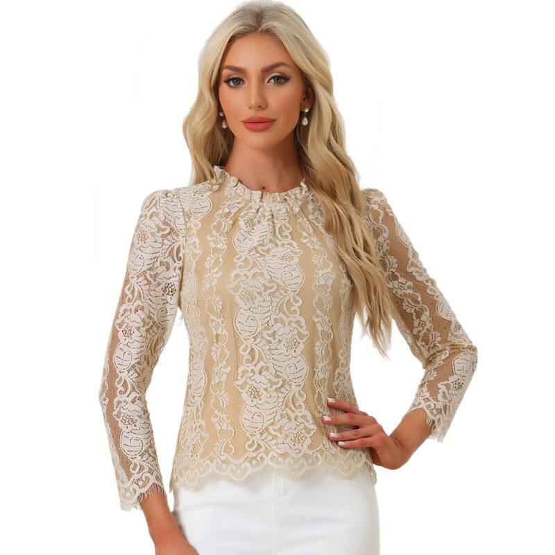 アレグラ ケー レディース トップス シャツ フラワー柄 フリル ブラウス レース フラワー ALLEGRA K Women's Lace Top Long Sleeve Ruffle Neck Floral Blouse Apricot White ホワイト｜ReVida 店