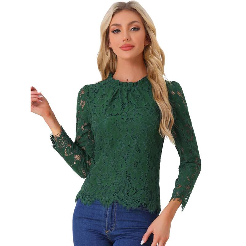 アレグラ ケー レディース トップス シャツ フラワー柄 フリル ブラウス レース フラワー ALLEGRA K Women's Lace Top Long Sleeve Ruffle Neck Floral Blouse Dark Green グリーン｜ReVida 店