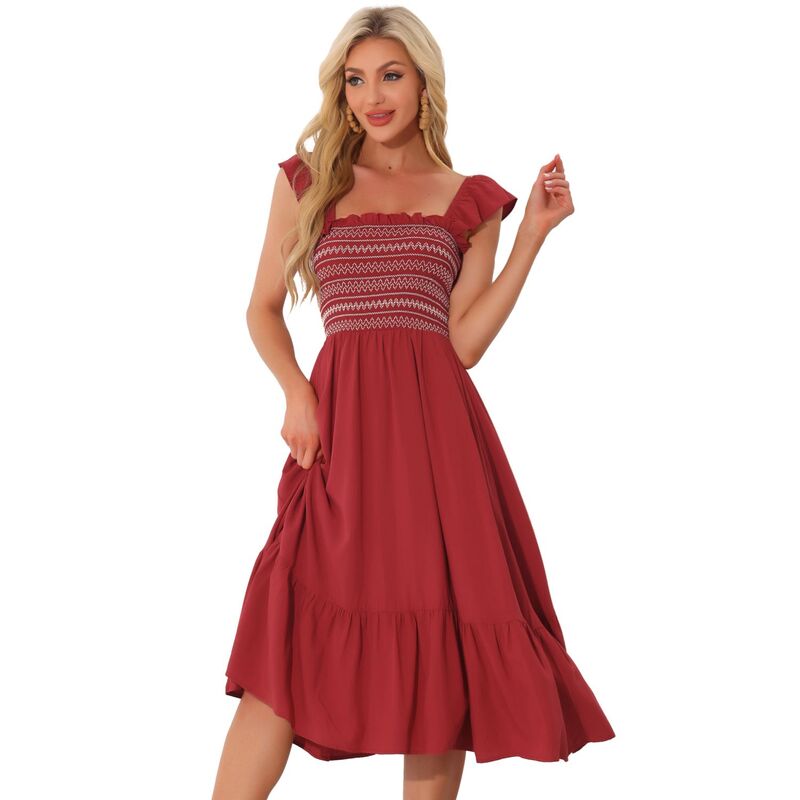アレグラ ケー レディース トップス ワンピース ティアード フリル ミディ ノースリーブ シャーリング ALLEGRA K Women'smocked Sundress Casual Square Neck Sleeveless Ruffle Tiered Midi Dress Burgundy バーガンディ