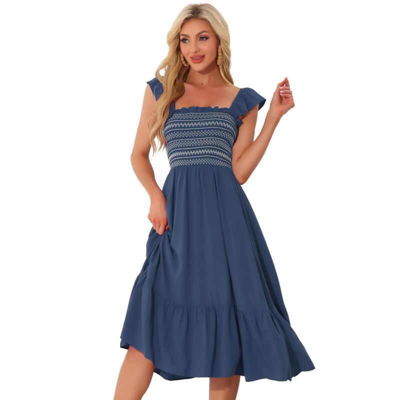 アレグラ ケー レディース トップス ワンピース ティアード フリル ミディ ノースリーブ シャーリング ALLEGRA K Women'smocked Sundress Casual Square Neck Sleeveless Ruffle Tiered Midi Dress Dark Blue ブルー
