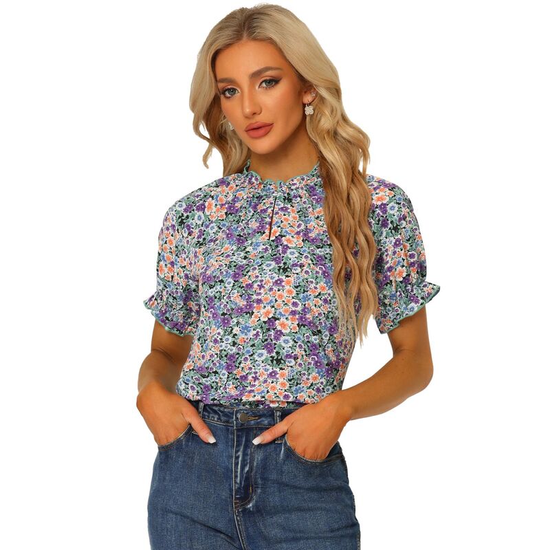 アレグラ ケー レディース トップス シャツ フラワー柄 フリル ブラウス フラワー ALLEGRA K Women's Floral Ruffled Short Sleeve Ruffle Neck Casual Blouses Black Purple ブラック