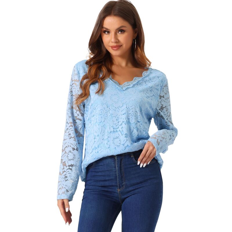 アレグラ ケー レディース トップス シャツ フラワー柄 シアー ブラウス レース フラワー ALLEGRA K Women's Floral Embroidery Sheer Long Sleeves Lace Blouse Top Sky Blue ブルー