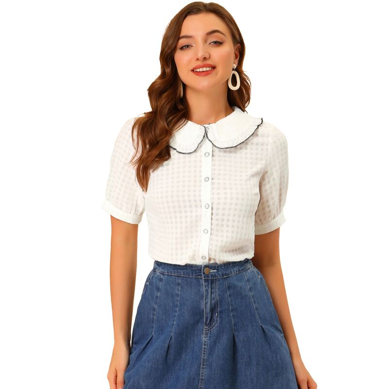 アレグラ ケー レディース トップス シャツ ギンガムチェック コントラスト ブラウス ギンガム ALLEGRA K Women's Peter Pan Collar Contrast Color Trim Gingham Button Up Blouse Shirt White ホワイト