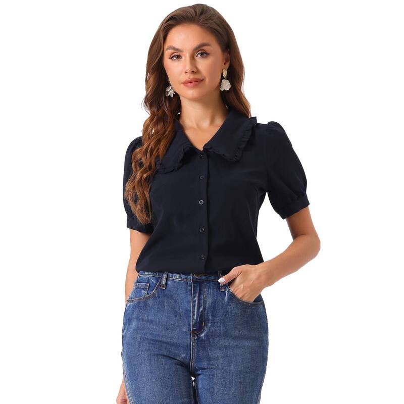 アレグラ ケー レディース トップス シャツ ALLEGRA K Women's Peter Pan Collar Short Sleeve Button Chambray Shirt Navy Blue ネイビー