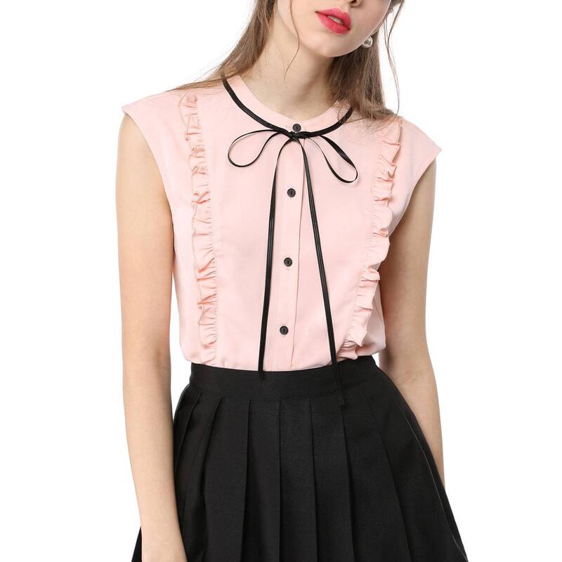 アレグラ ケー レディース トップス シャツ ボタンダウン フリル ダウン キャップ ALLEGRA K Women's Tie Neck Cap Sleeve Button Down Ruffle Summer Shirts Pink ピンク