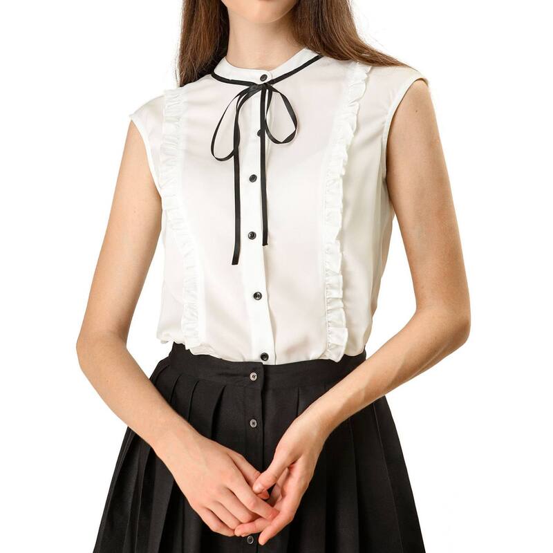 アレグラ ケー レディース トップス シャツ ボタンダウン フリル ダウン キャップ ALLEGRA K Women's Tie Neck Cap Sleeve Button Down Ruffle Summer Shirts White ホワイト