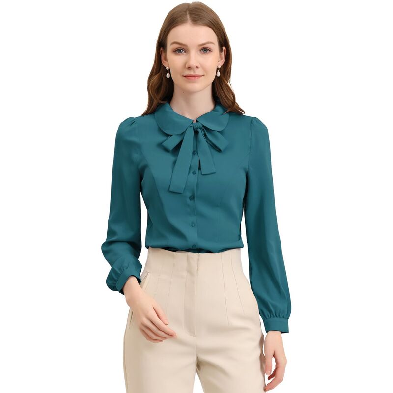 アレグラ ケー レディース トップス シャツ ボタンダウン ブラウス ALLEGRA K Women's Button Down Shirt Peter Pan Collar Tie Neck Workwear Blouses Peacock Blue ブルー