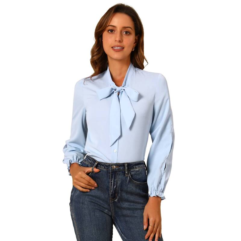 アレグラ ケー レディース トップス シャツ シフォン ブラウス ALLEGRA K Women's Elegant Bow Tie Neck Blouse Long Sleeve Work Chiffon Shirt Light Blue ブルー