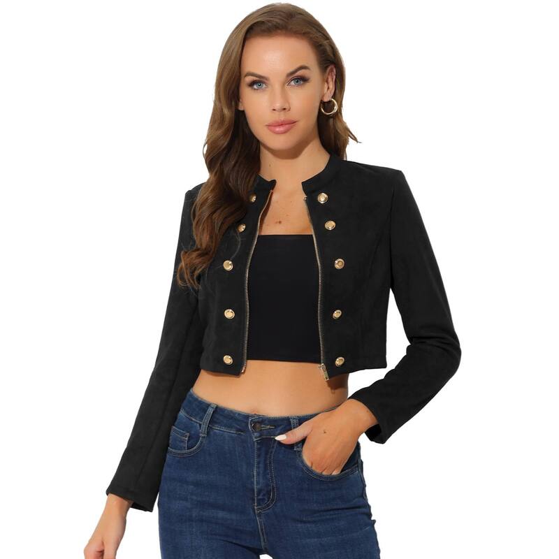 アレグラ ケー レディース アウター ジャケット・ブルゾン スエード コート クロップド ALLEGRA K Women's Faux Suede Cropped Jacket Double Breasted Stand Collar Zip Up Long Sleeve Coat Black ブラック