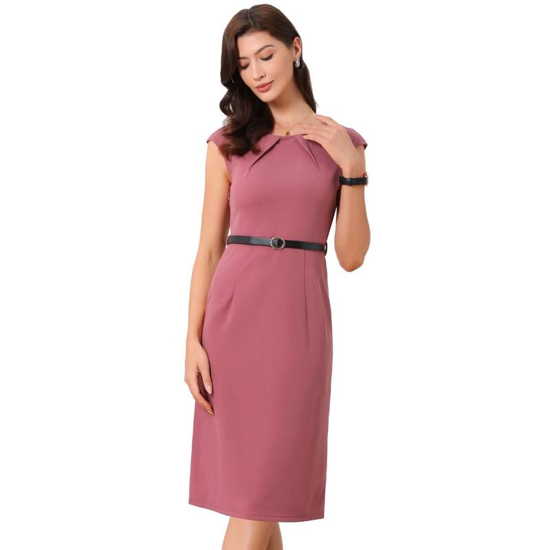 アレグラ ケー レディース トップス 衣装 旗がしら ALLEGRA K Elegant Office Dress for Women\u0027s Round Neck Cap Sleeve Belted Work Sheath Dresses Dark Pink サクラ色