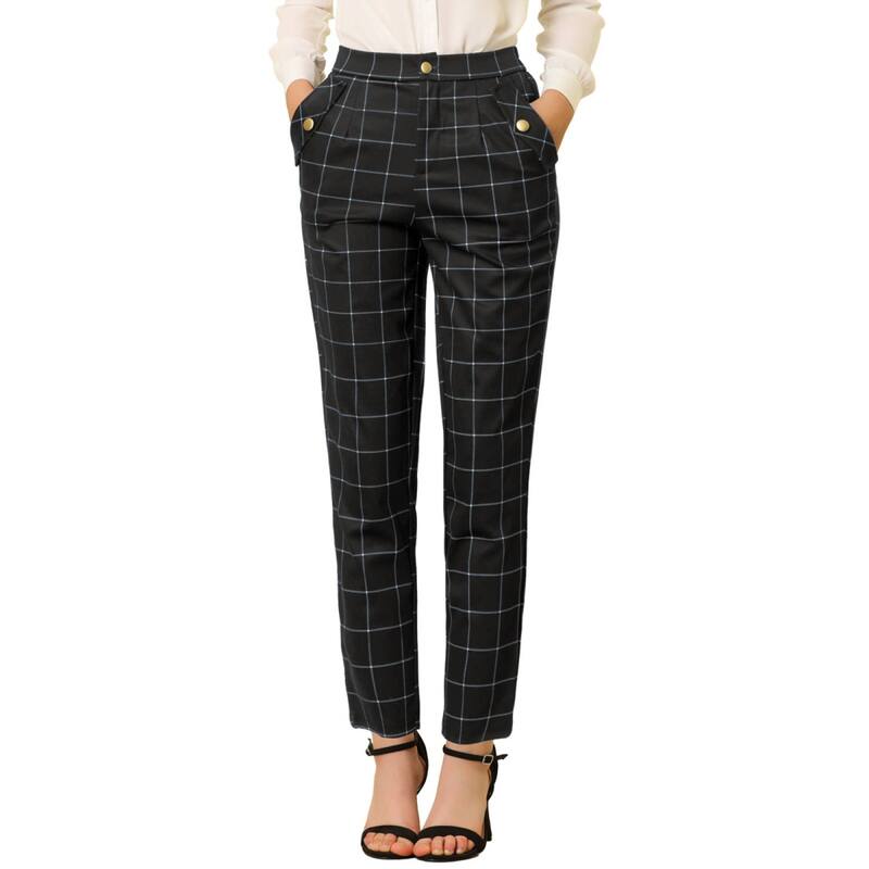 アレグラ ケー レディース ボトムス カジュアルパンツ ハイウエスト ALLEGRA K Women's Tartan Plaid Pants Elastic High Waistraight Long Trousers Black ブラック