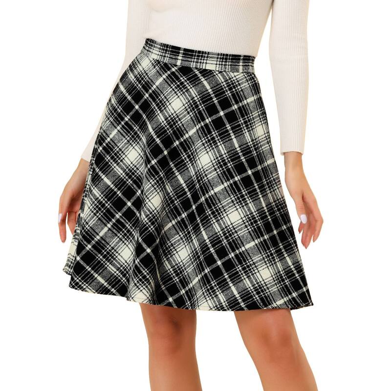 アレグラ ケー レディース ボトムスカート A ライン ひざ丈 ALLEGRA K Women's Plaids Elastic Waist Knee Length Worsted A Line Skirt Black ブラック
