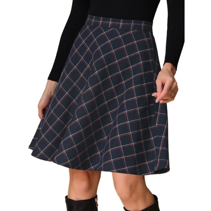アレグラ ケー レディース ボトムスカート A ライン ひざ丈 ALLEGRA K Women's Plaids Elastic Waist Knee Length Worsted A Line Skirt Navy Blue ネイビー｜ReVida 店