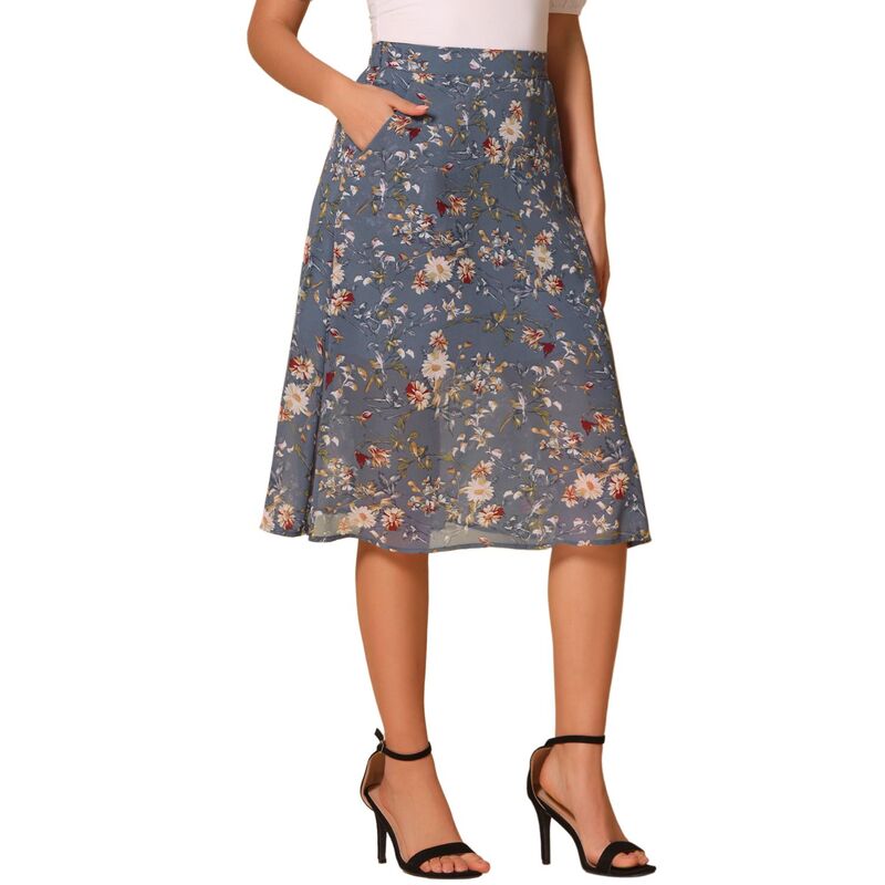 アレグラ ケー レディース ボトムスカート シフォン A ライン ミディ ALLEGRA K Women's Flare Below Knee Chiffon Flowy Waistband A Line Midi Skirt Gray Blue グレー