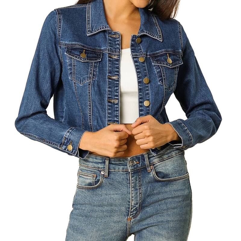 アレグラ ケー レディース アウター 上衣・上衣 クロップド ジーンズ ALLEGRA K Women\u0027s Classic Long Sleevesingle Breasted Croppedenim Jacket Dark Blue 青み