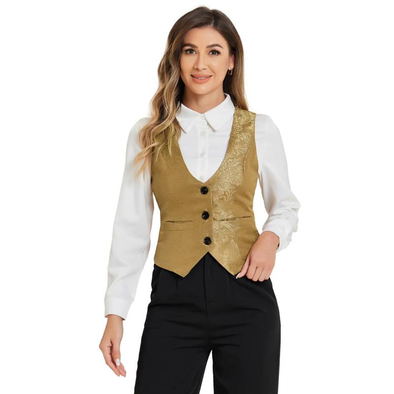 アレグラ ケー レディース アウター ジャケット・ブルゾン ヴィンテージ ベスト ノースリーブ コート ALLEGRA K Women's Vintage Waistcoat Button Up Steampunk Jacquard Sleevelessuit Vest Darkhaki カーキ