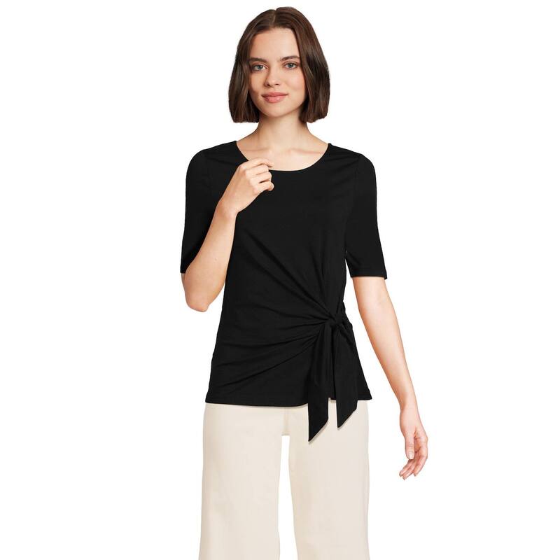 ランズエンド レディース トップス Tシャツ ジャージー Women's Lands' End Lightweight Jersey Tie Frontop Black ブラック|ReVida 店