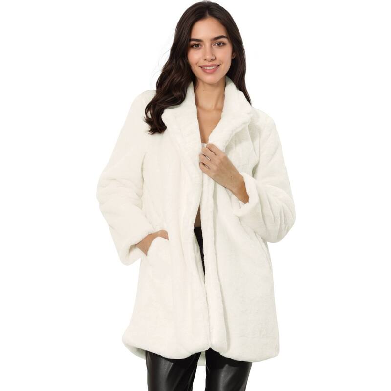 アレグラ ケー レディース アウター ジャケット・ブルゾン コート ALLEGRA K Lapel Faux Fur Coat for Women's Fuzzy Winter Warm Jacket Overcoat with Pockets White ホワイト｜ReVida 店