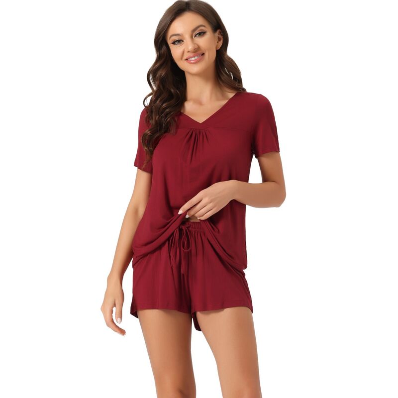 cheibear レディース アンダーウェア ナイトウェア Vネック ショートパンツ cheibear Women's Lounge Outfits Casual V-neck Shortsleeves Tops With Shorts Pajama Sets Red レッド