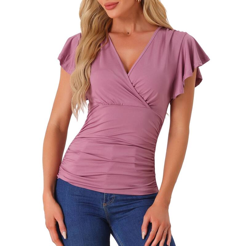 アレグラ ケー レディース トップス シャツ Vネック フリル ブラウス ALLEGRA K Faux Wrap Blouse for Women Summer V-Neck Ruffle Sleeve Casual Top Blouse Purple パープル