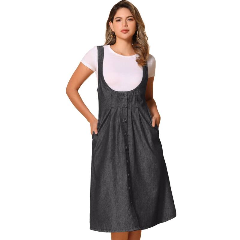 アレグラ ケー レディース トップス ワンピース ミディ オーバーオール デニム ALLEGRA K Suspender Dress for Women's Button Front Classic U Neck Overall Denimidi Dress with Pockets Black ブラック｜ReVida 店