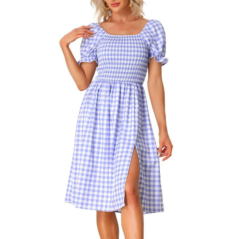 アレグラ ケー レディース トップス ワンピース ギンガムチェック シャーリング ギンガム ALLEGRA K Smockedress For Women's Gingham Square Neck Short Sleeve Casual Plaidress Purple パープル｜ReVida 店