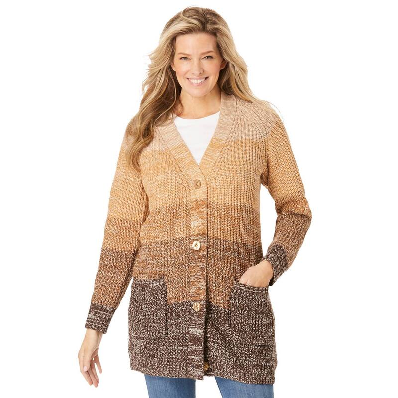 ウーマン ウィズイン レディース アウター ニット・セーター プラスサイズ カーディガン Woman Within Plusize Ombre Shaker Cardigan Sweater Khaki Ombre カーキ｜ReVida 店