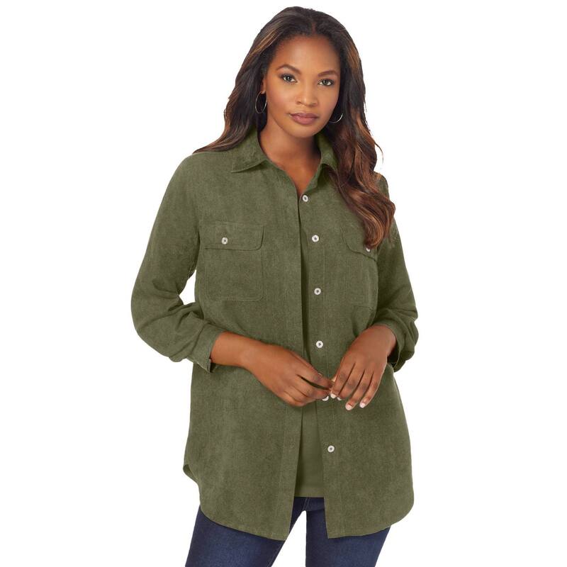 ロアマンズ レディース トップス シャツ プラスサイズ スエード Roaman Women Plusize Faux Suede Big Shirt Dark Olive Green グリーン
