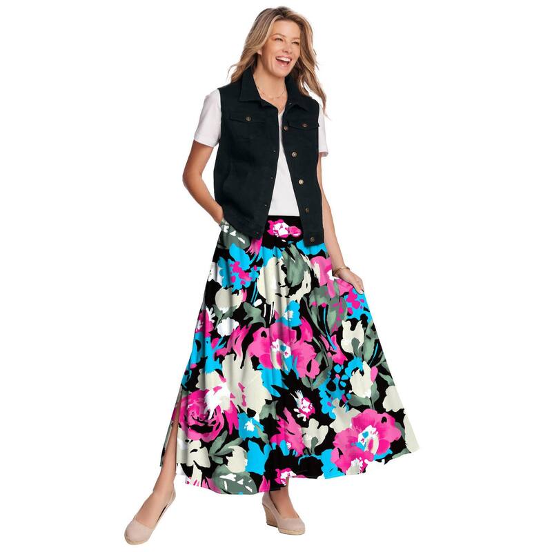 ウーマン ウィズイン レディース ボトムスカート プラスサイズ マキシ Woman Within Plusize Pull-On Elastic Waist Soft Maxi Skirt Black Happy Bloom ブラック｜ReVida 店
