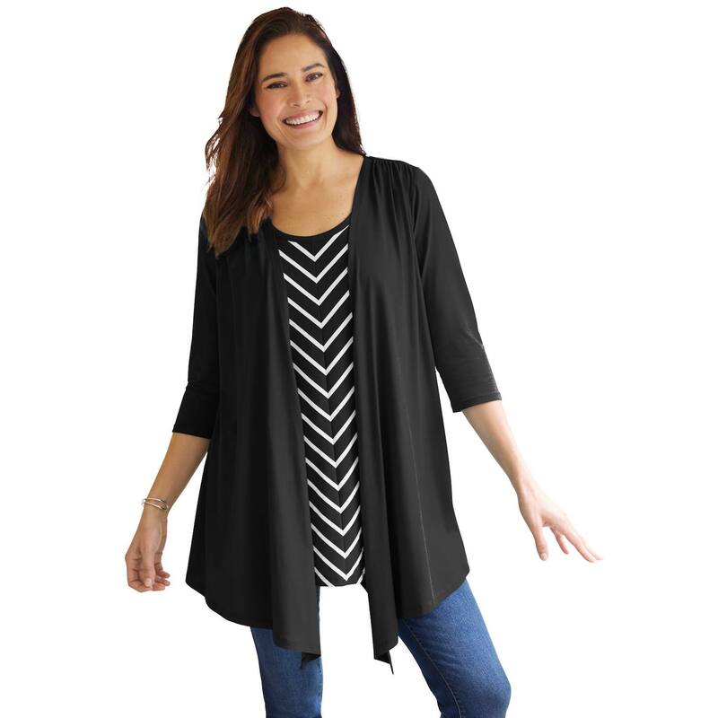 ウーマン ウィズイン レディース トップス Tシャツ プラスサイズ Woman Within Plusize 7-Day Layered 2-In-1 Tunic Black Biastripe ブラック｜ReVida 店