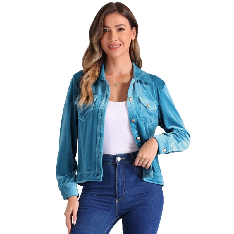 アレグラ ケー レディース アウター ジャケット・ブルゾン ベルベット ALLEGRA K Velvet Jacket for Women's Button Up Long Sleeve Crop Jacket Peacock Blue ブルー