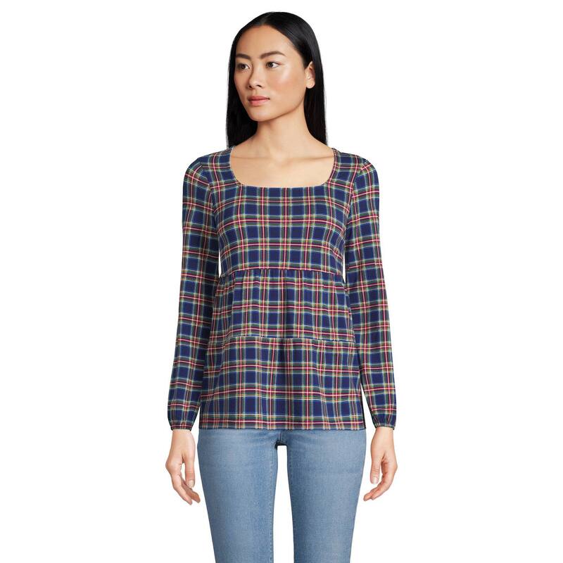 ランズエンド レディース トップス Tシャツ ティアード プチ Petite Lands' End Squareneck Tiered Top Navy Highland Plaid ネイビー|ReVida 店