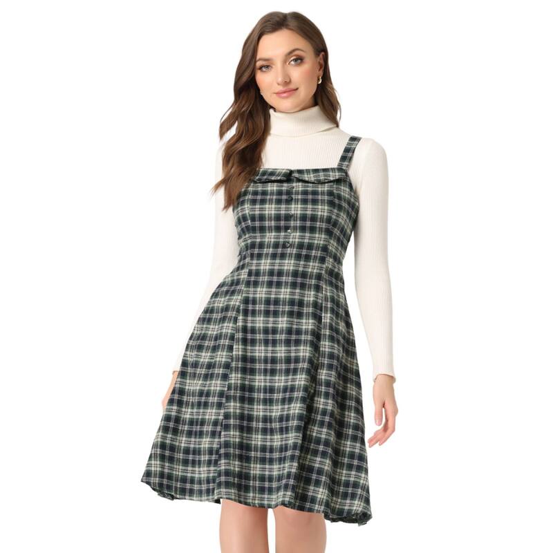 アレグラ ケー レディース トップス ワンピース ミディ オーバーオール ノースリーブ ALLEGRA K Women's Plaid Tie Belt Waist Sleeveless Midi Suspender Overall Dress Green グリーン