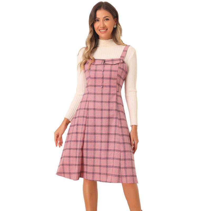 アレグラ ケー レディース トップス ワンピース ミディ オーバーオール ノースリーブ ALLEGRA K Women's Plaid Tie Belt Waist Sleeveless Midi Suspender Overall Dress Pink ピンク