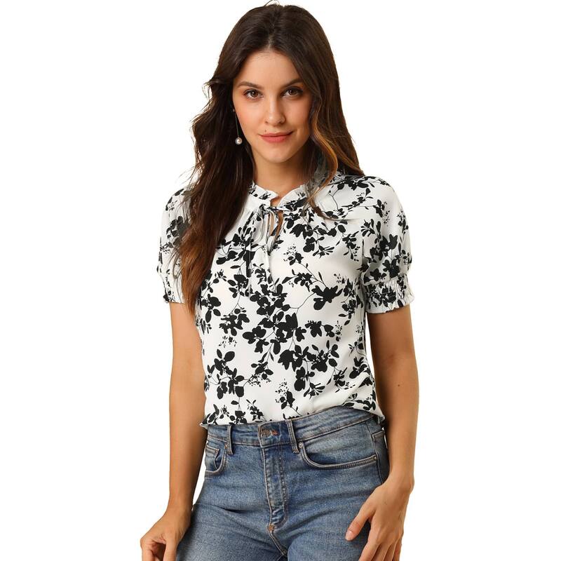 アレグラ ケー レディース トップス シャツ Vネック フラワー柄 フリル シャーリング ブラウス フラワー ALLEGRA K Women's Ruffle Tie V Neck Casual Smocked Short Sleeve Floral Top Blouse White ホワイト