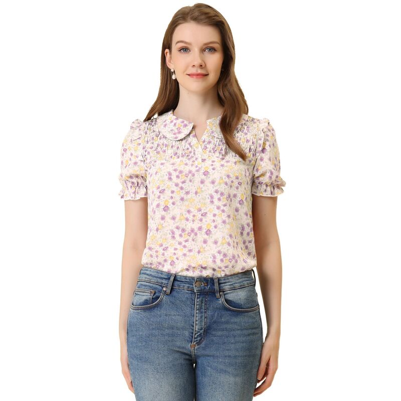 アレグラ ケー レディース トップス シャツ フラワー柄 フリル シャーリング ブラウス フラワー ALLEGRA K Floral Blouse for Women's Peter Pan Collar Smocked Short Sleeve Ruffle Tops Pink ピンク