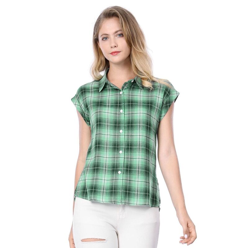 アレグラ ケー レディース トップス シャツ ボタンダウン キャップ ALLEGRA K Women's Point Collar Short Cap Sleeves Plaids Button Down Shirt Green グリーン｜ReVida 店