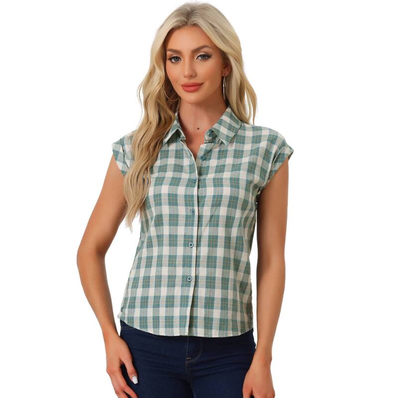 アレグラ ケー レディース トップス シャツ ボタンダウン キャップ ALLEGRA K Women's Point Collar Short Cap Sleeves Plaids Button Down Shirt Green White ホワイト