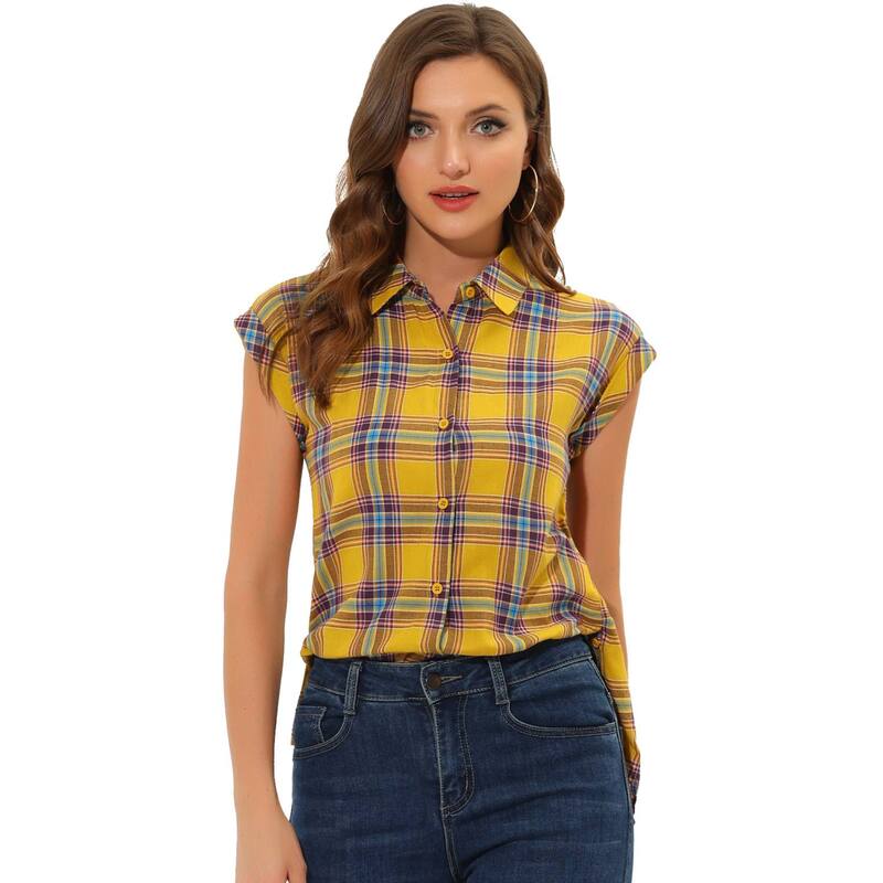 アレグラ ケー レディース トップス シャツ ボタンダウン キャップ ALLEGRA K Women's Point Collar Short Cap Sleeves Plaids Button Down Shirt Yellow イエロー