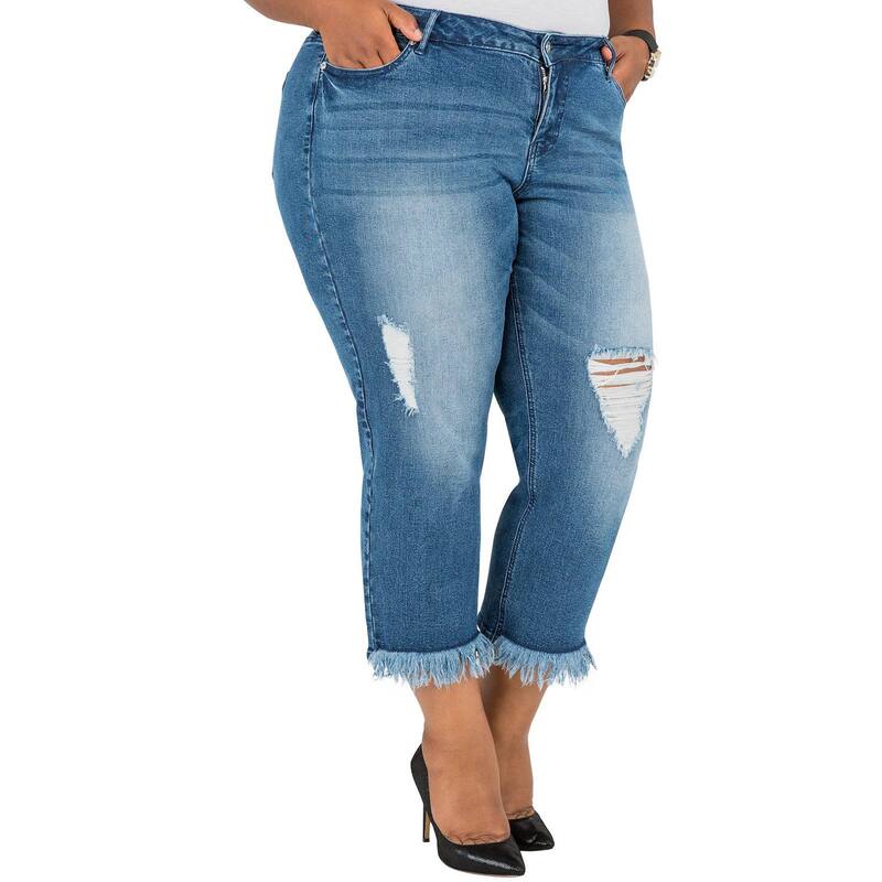 ポエティック ジャスティス レディース ボトムス デニムパンツ プラスサイズ クロップド ジーンズ Poetic Justice Plusize Verla Curvy Fit Cropped Frayed Boyfriend Jeans Blue Distressed ブルー｜ReVida 店