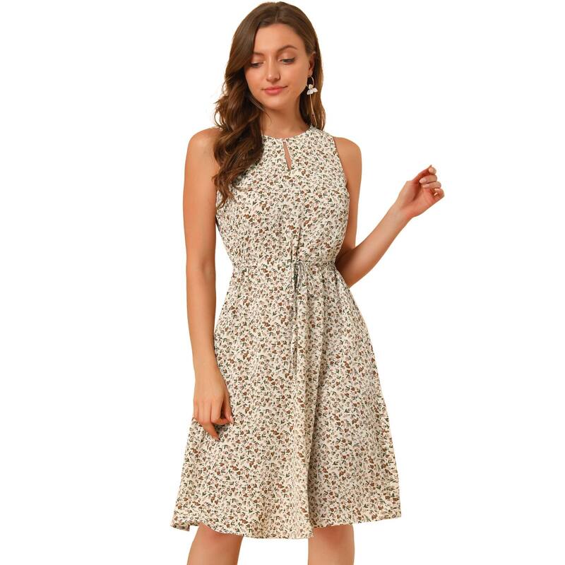 アレグラ ケー レディース トップス ワンピース プリント ノースリーブ ALLEGRA K Women'split Neck Dots Print Sleeveless Casual Dress Beige ベージュ|ReVida 店