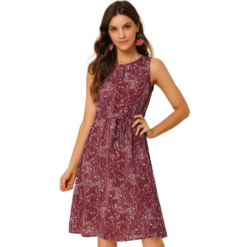 アレグラ ケー レディース トップス ワンピース プリント ノースリーブ ALLEGRA K Women\'split Neck Dots Print Sleeveless Casual Dress Burgundy バーガンディ｜ReVida 店