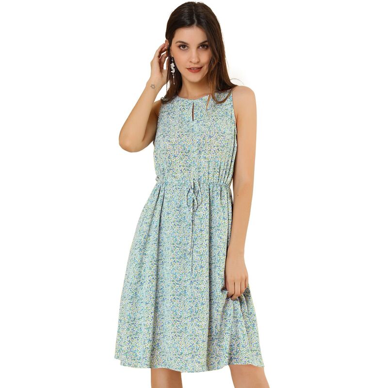 アレグラ ケー レディース トップス ワンピース プリント ノースリーブ ALLEGRA K Women'split Neck Dots Print Sleeveless Casual Dress Light Blue ブルー