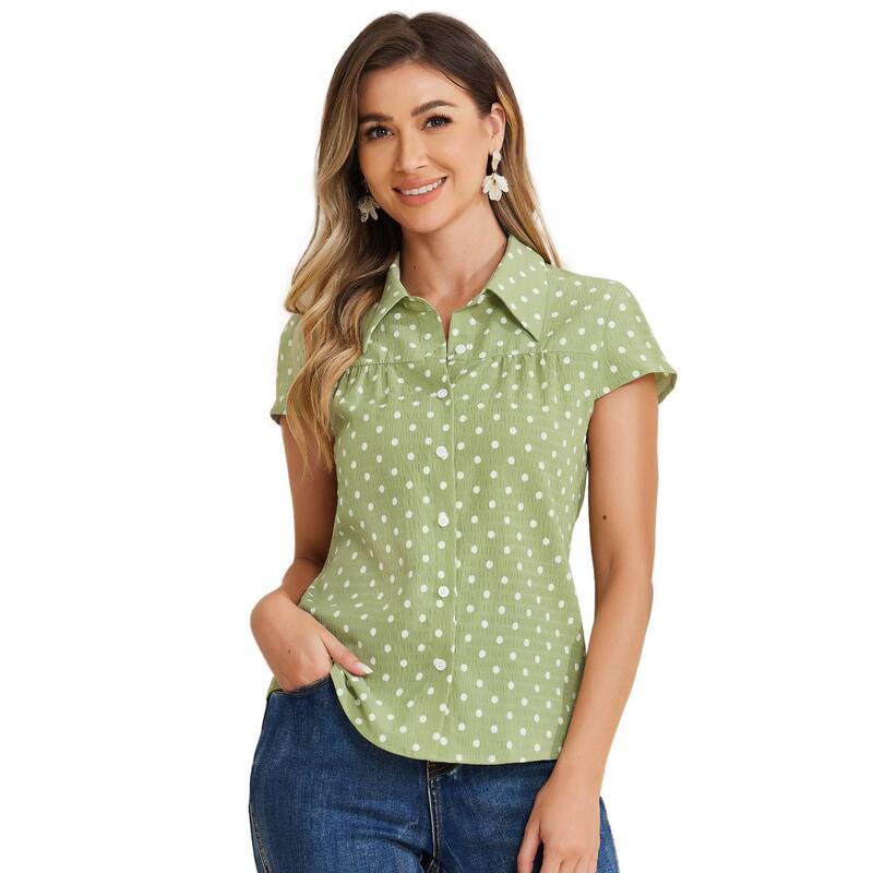 アレグラ ケー レディース トップス シャツ ヴィンテージ ドット ALLEGRA K Women'short Sleeve Tops Vintage Polka Dots Button Up Shirt Green グリーン