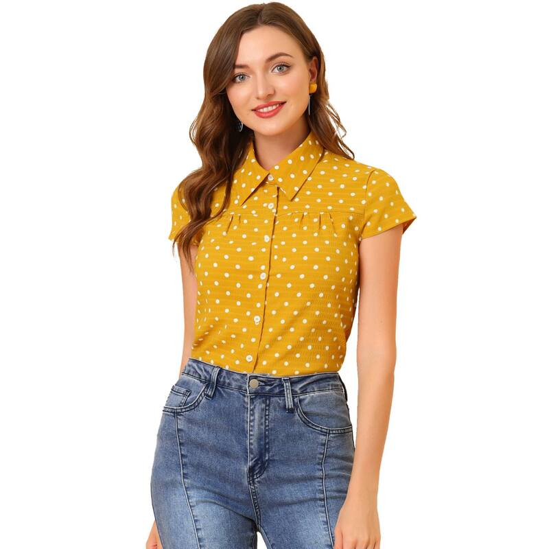 アレグラ ケー レディース トップス シャツ ヴィンテージ ドット ALLEGRA K Women'short Sleeve Tops Vintage Polka Dots Button Up Shirt Yellow イエロー