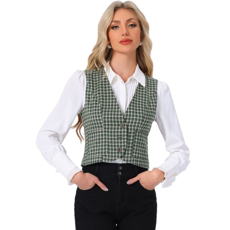 アレグラ ケー レディース トップス プルオーバー Vのど首 ヴィンテージ より良い ノースリーブ 厚地の外套 ALLEGRA K Vintage Plaid Vest for Women\u0027s V Neck Single Breasted Sleeveless Racerback Waistcoat Dark Green 緑であること