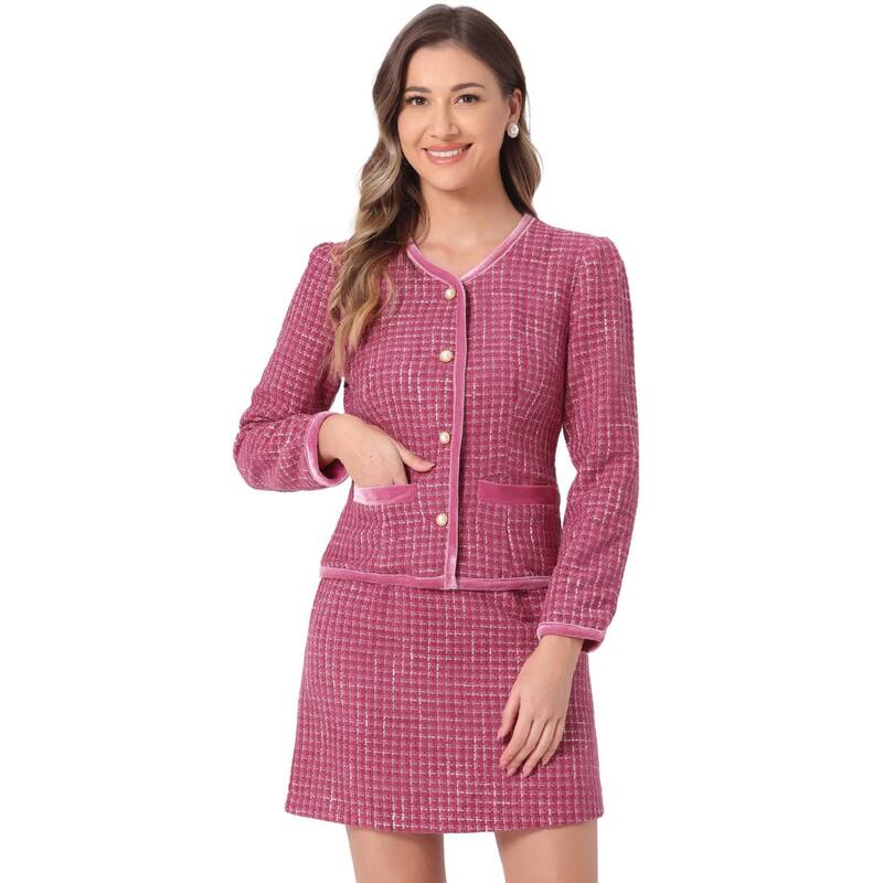 アレグラ ケー レディース アウター ジャケット・ブルゾン ツイード スカート ブレザー ALLEGRA K Women's Outfitset Plaid Tweed Short Blazer Jacket And Skirt Sets Hot Pink ピンク