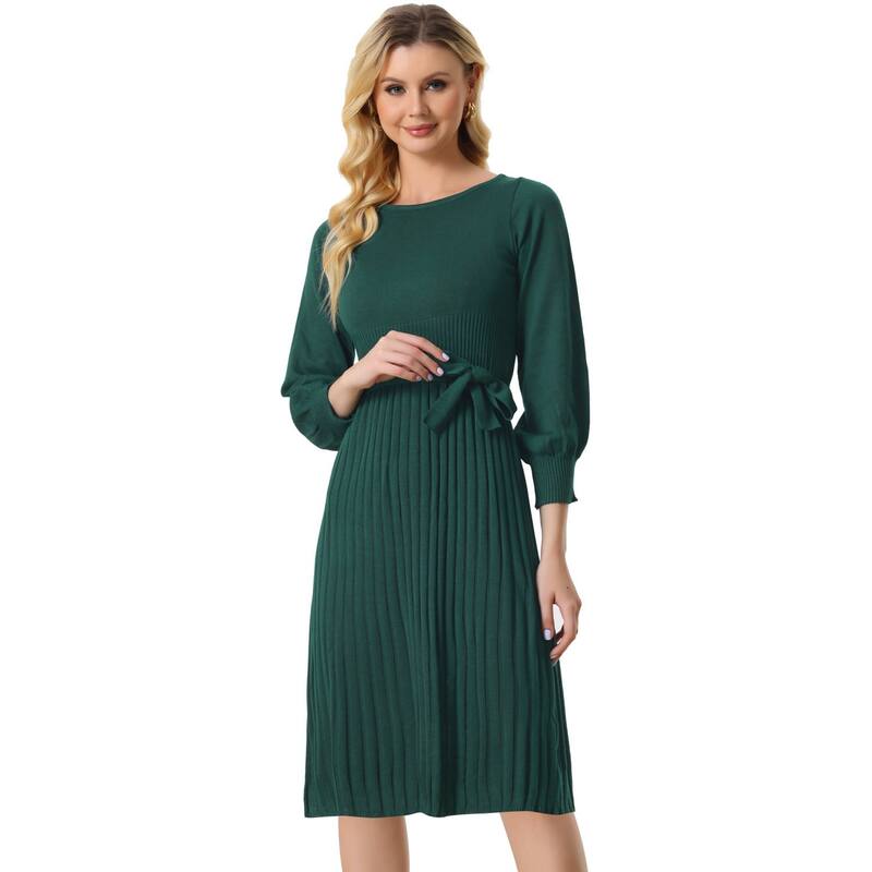 アレグラ ケー レディース トップス ワンピース クルーネック プリーツ セーター ニット ALLEGRA K Women's Knit Beltedress Crew Neck Lantern Sleeves Casual Pleated Sweater Dresses Green グリーン